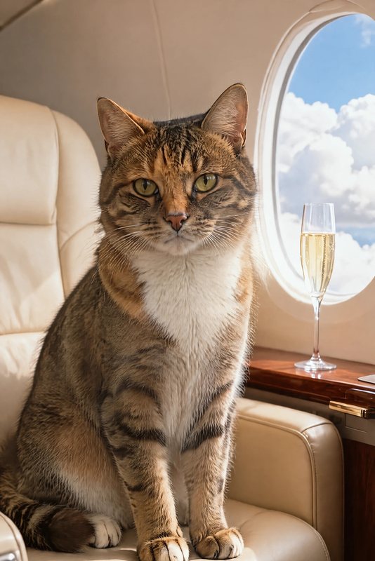 The Private Jet look made with a tortoiseshell tabby cat