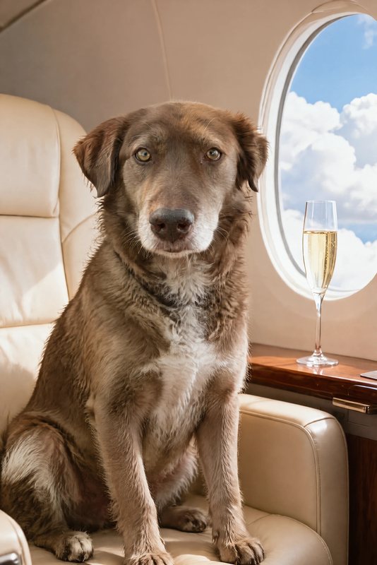 The Private Jet look made with a chocolate shepherd-collie mix