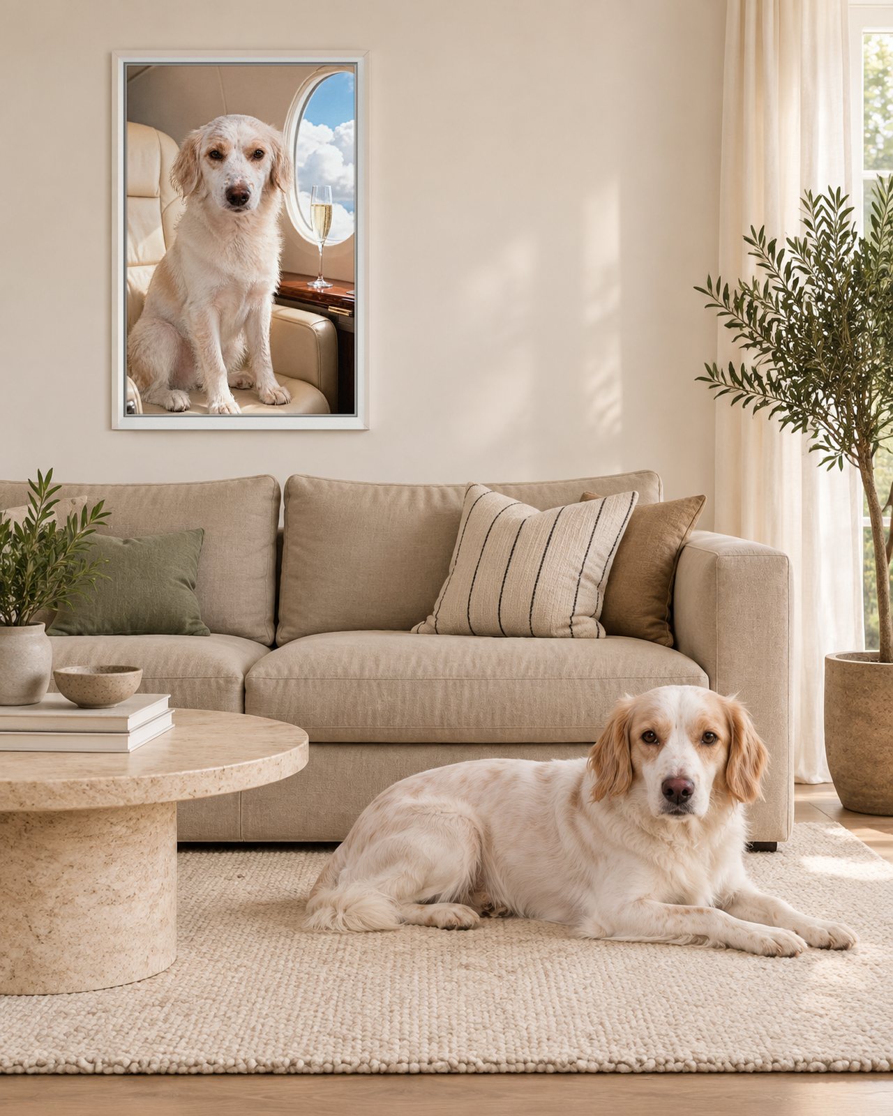 Private Jet portrait on canvas in a white floating frame in a linen-sofa living room, with the dog beside it