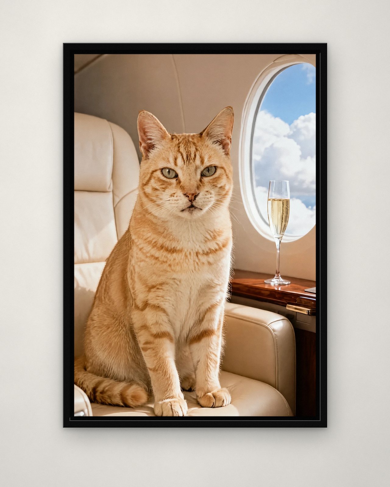 Private Jet portrait on canvas in a black floating frame on a plain wall