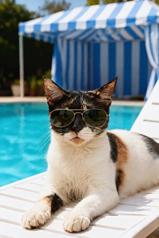 The Riviera Poolside look made with a calico cat