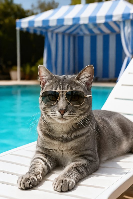 The Riviera Poolside look made with a grey tabby cat