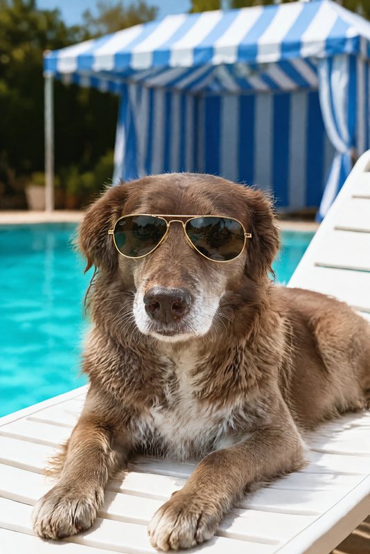 The Riviera Poolside look made with a chocolate shepherd-collie mix