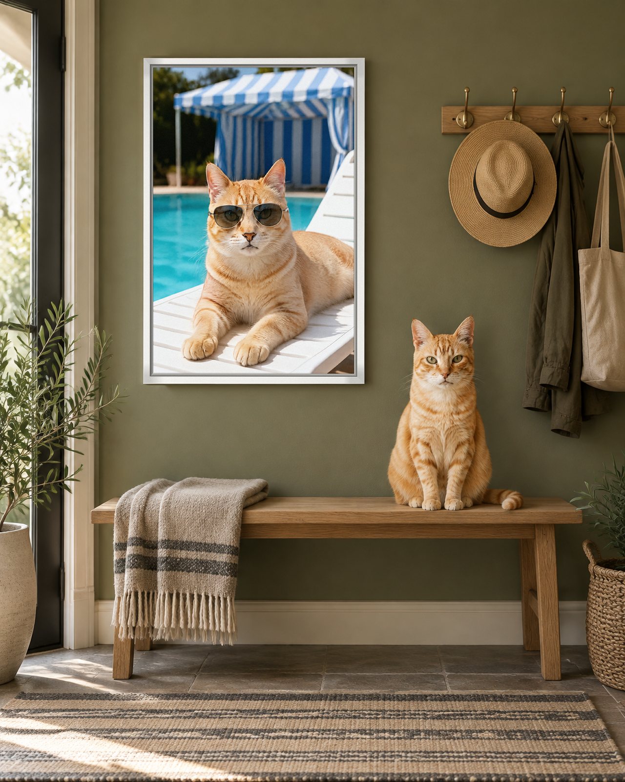Riviera Poolside portrait on canvas in a white floating frame in an olive-green entryway with a bench, with the cat beside it