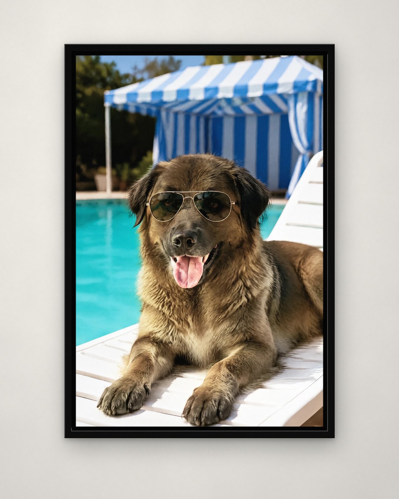 Riviera Poolside portrait on canvas in a black floating frame on a plain wall