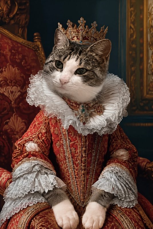 The Royal Throne look made with a tabby-and-white cat