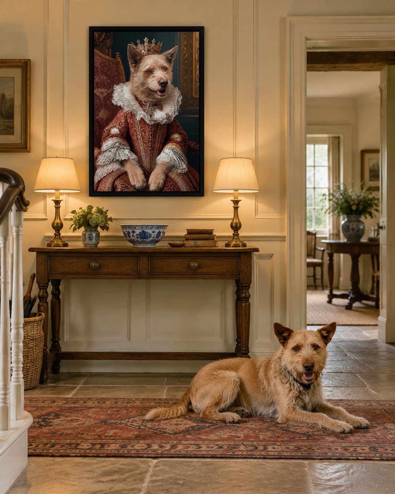 Royal Throne portrait on canvas in a black floating frame in a country-house hallway, with the dog beside it