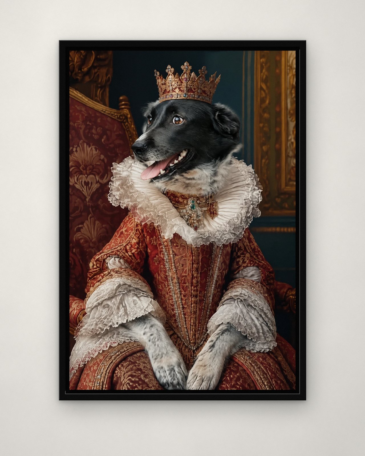Royal Throne portrait on canvas in a black floating frame on a plain wall