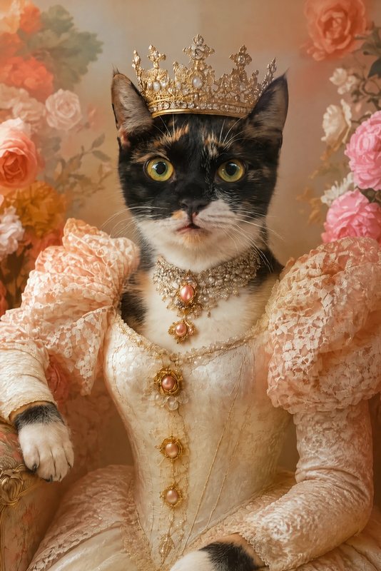 The Royal Queen look made with a calico cat