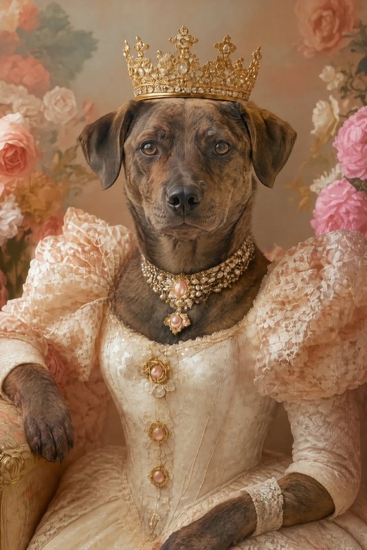 The Royal Queen look made with a brindle mixed-breed dog
