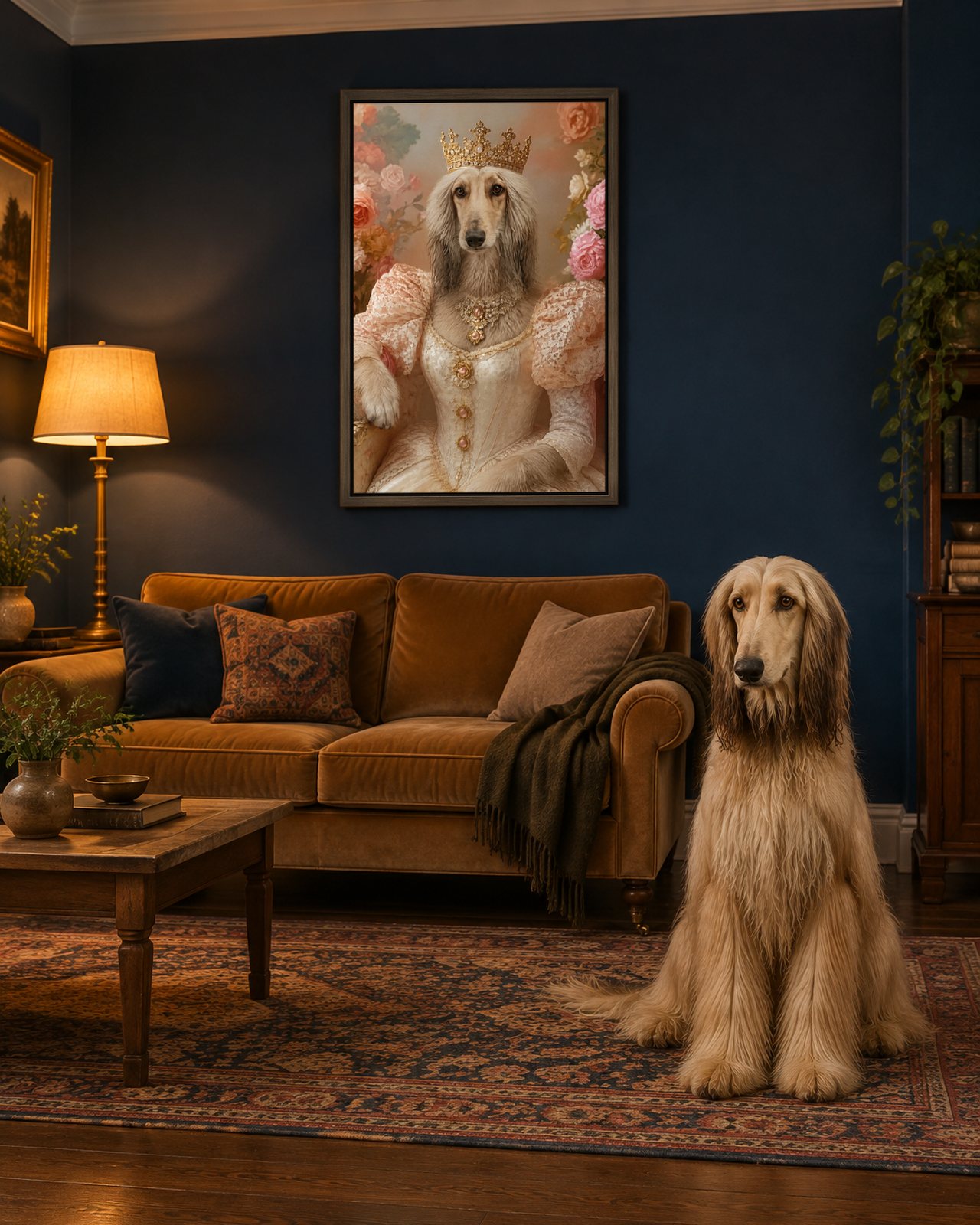 Royal Queen portrait on canvas in a brown floating frame in a navy sitting room, with the dog beside it