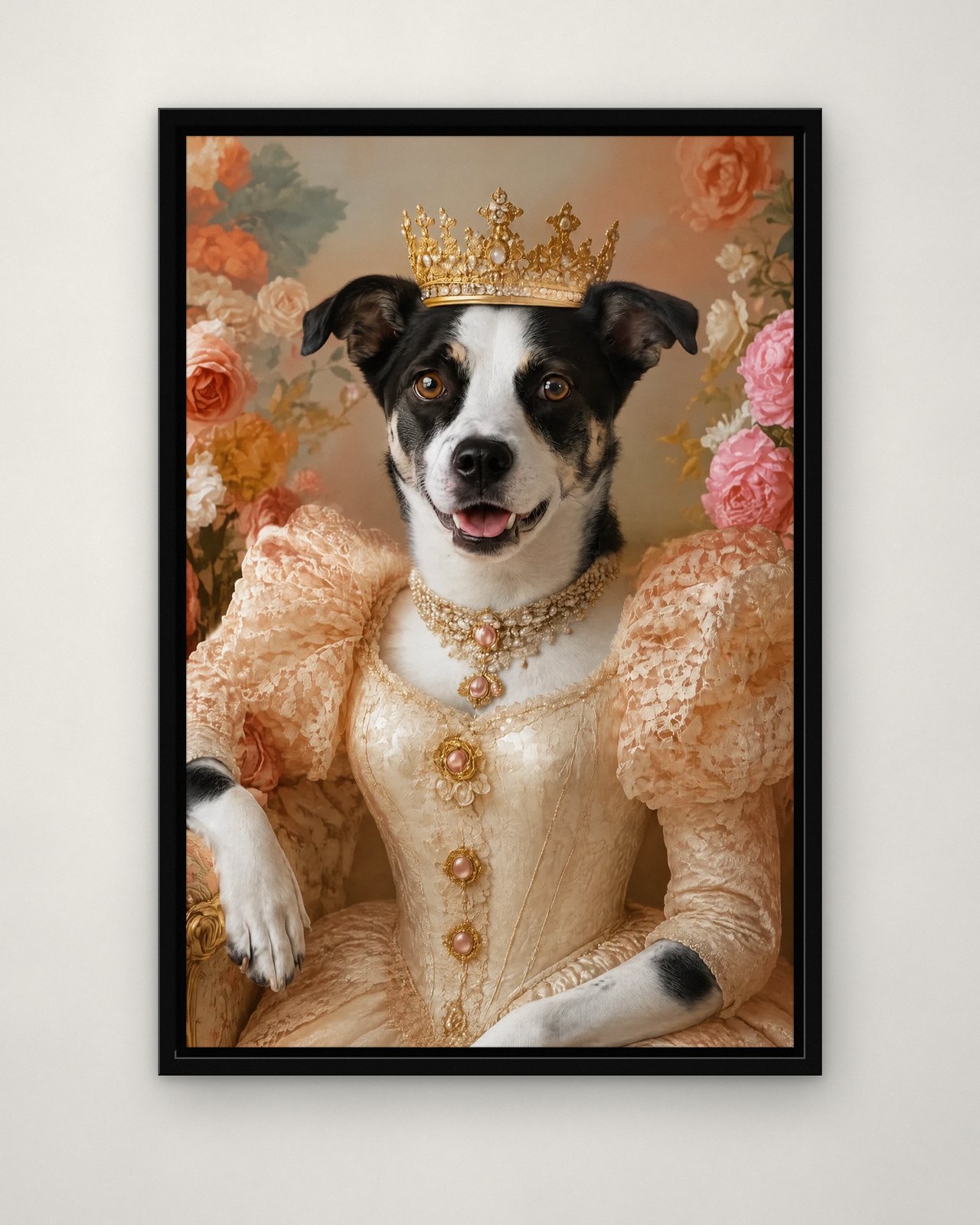 Royal Queen portrait on canvas in a black floating frame on a plain wall