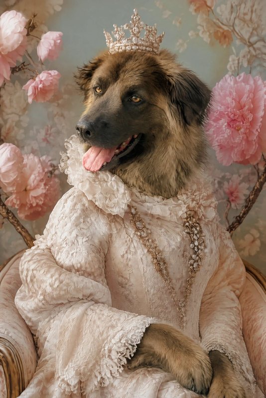 The Pearl Queen look made with a big fluffy sable dog