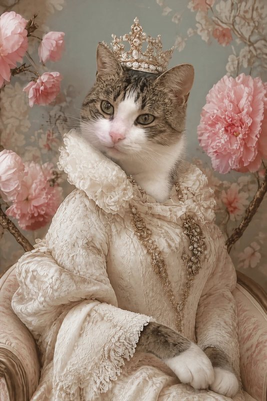 The Pearl Queen look made with a tabby-and-white cat