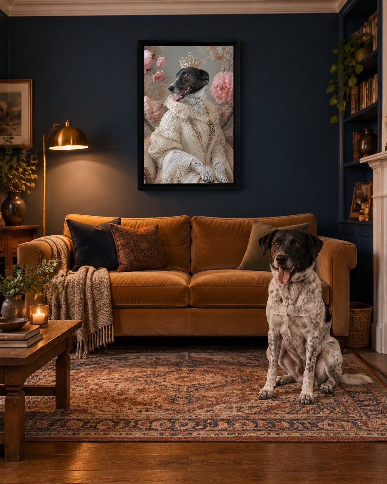 Pearl Queen portrait on canvas in a black floating frame in a navy sitting room, with the dog beside it