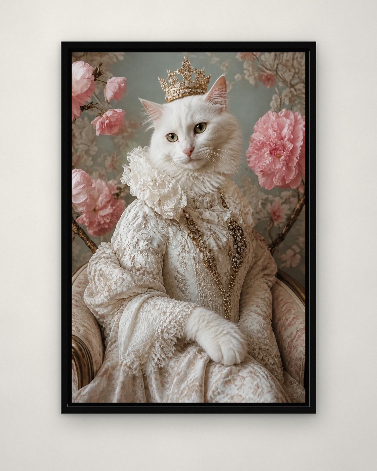Pearl Queen portrait on canvas in a black floating frame on a plain wall