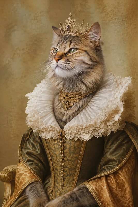The Renaissance Queen look made with a long-haired tabby cat
