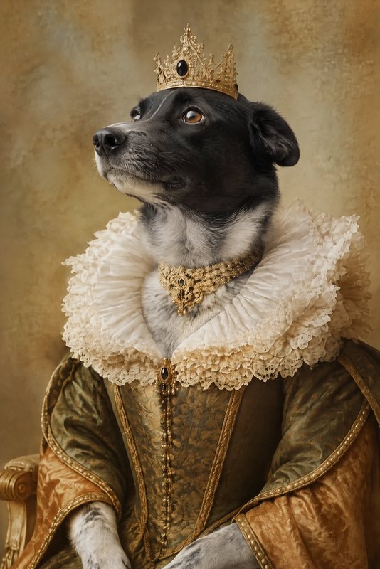 The Renaissance Queen look made with a black-and-white speckled dog