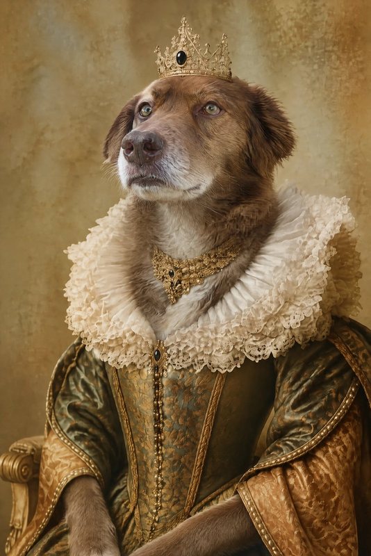 The Renaissance Queen look made with a chocolate shepherd-collie mix