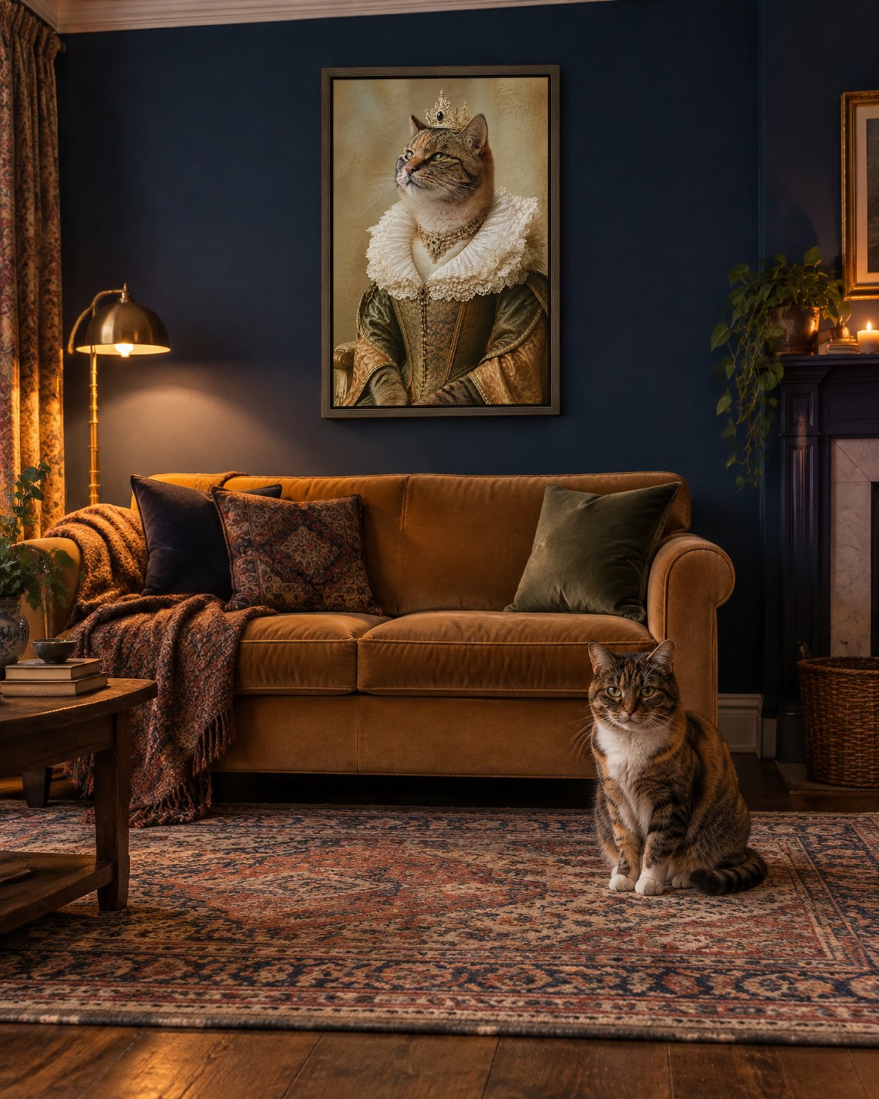Renaissance Queen portrait on canvas in a brown floating frame in a navy sitting room, with the cat beside it