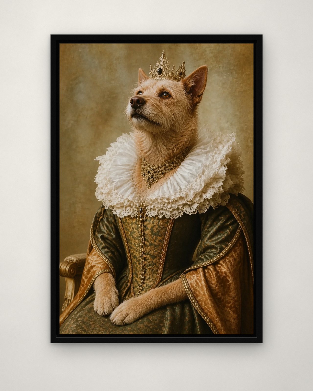 Renaissance Queen portrait on canvas in a black floating frame on a plain wall