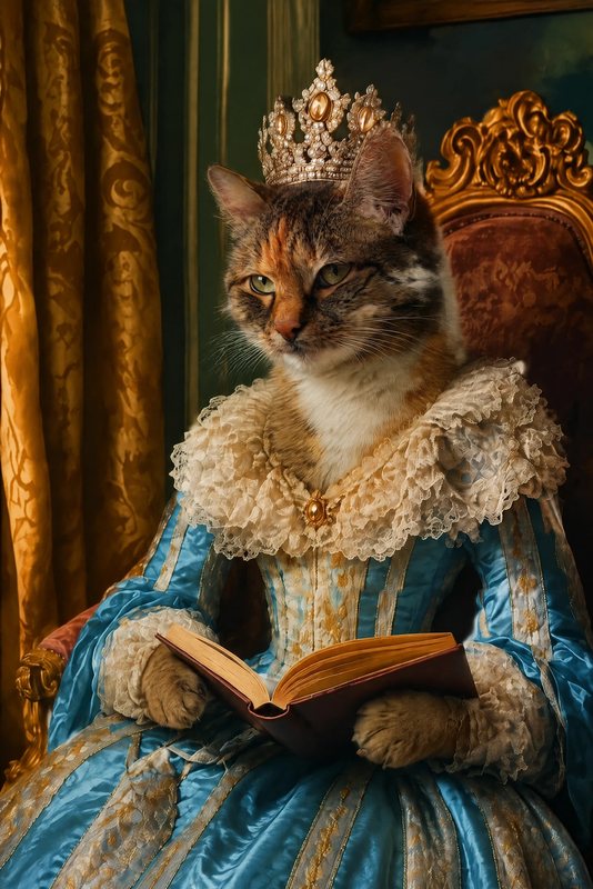 The Baroque Queen look made with a tortoiseshell tabby cat