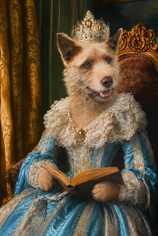 The Baroque Queen look made with a scruffy ginger terrier