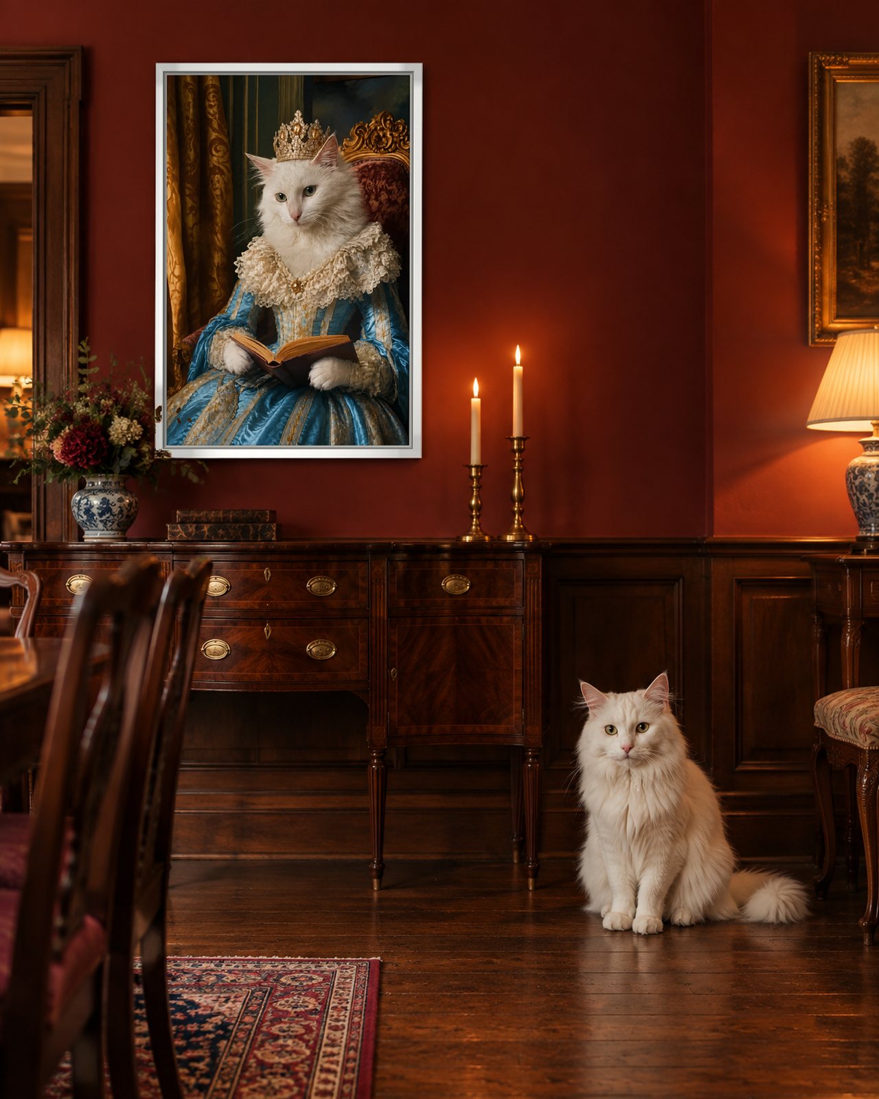 Baroque Queen portrait on canvas in a white floating frame in an oxblood dining room, with the cat beside it