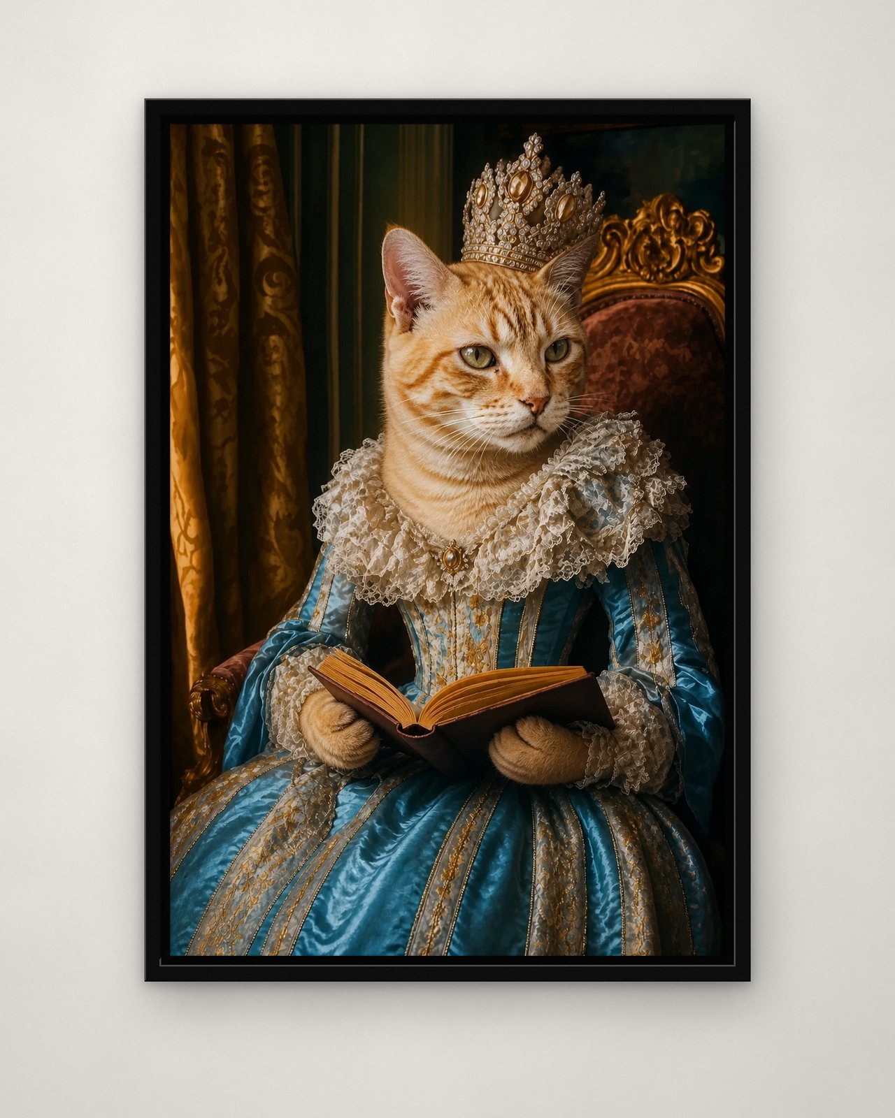 Baroque Queen portrait on canvas in a black floating frame on a plain wall