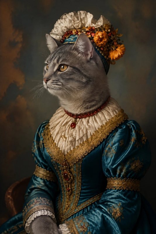 The Renaissance Lady look made with a grey tabby cat