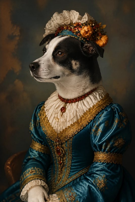 The Renaissance Lady look made with a black-and-white dog