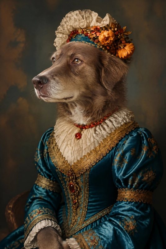 The Renaissance Lady look made with a chocolate shepherd-collie mix