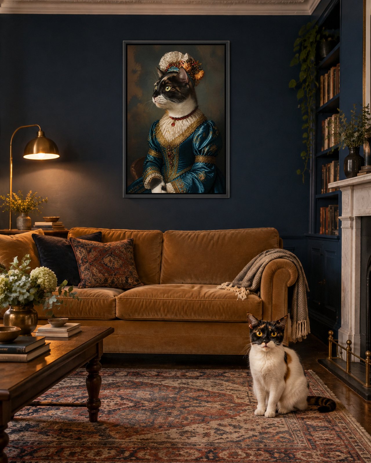 Renaissance Lady portrait on canvas in a black floating frame in a navy sitting room, with the cat beside it