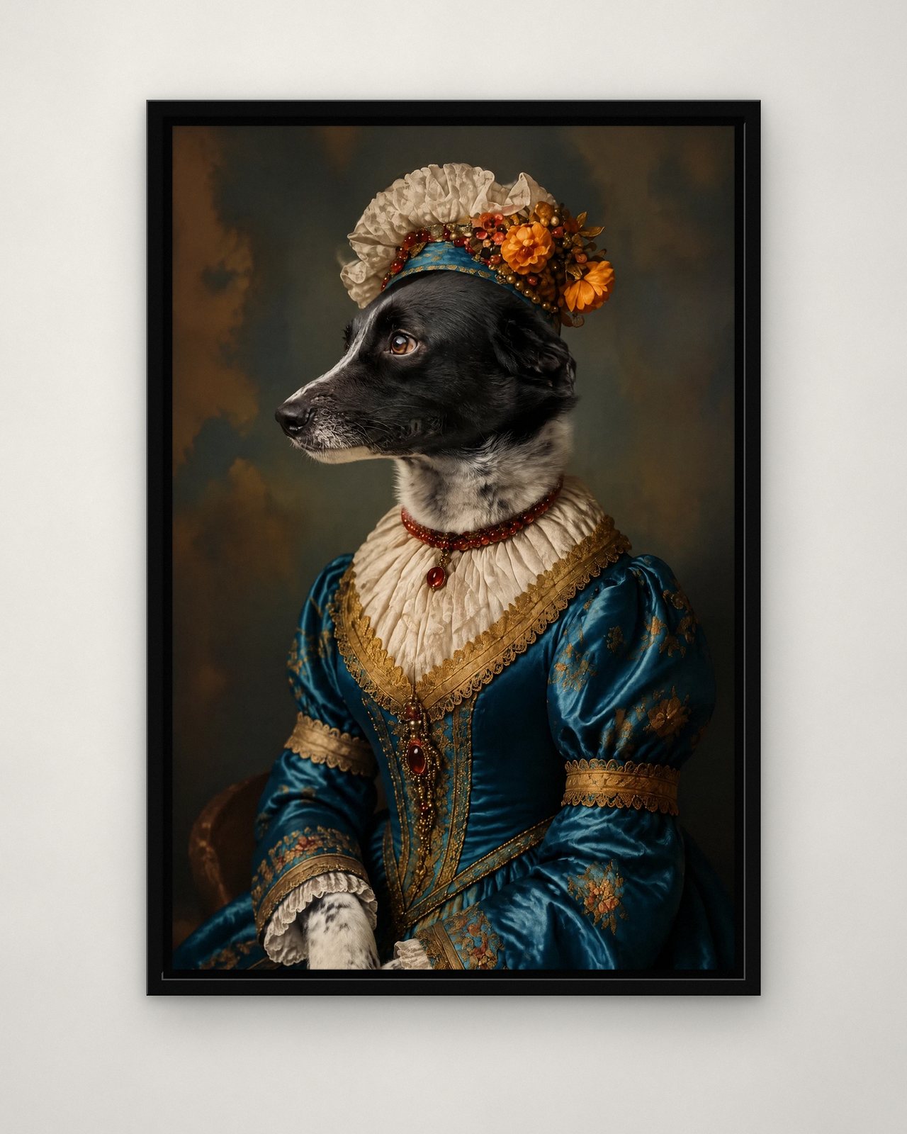 Renaissance Lady portrait on canvas in a black floating frame on a plain wall
