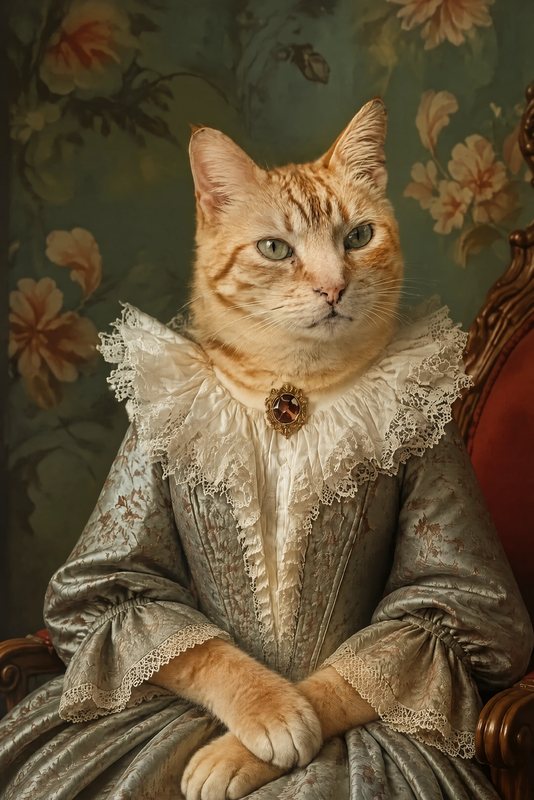 The Baroque Lady look made with a ginger tabby cat