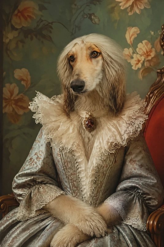 The Baroque Lady look made with a cream Afghan hound