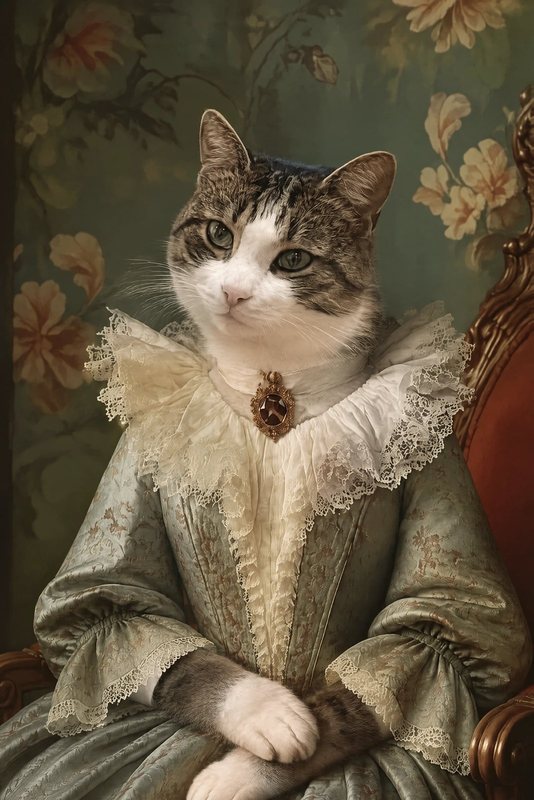 The Baroque Lady look made with a tabby-and-white cat