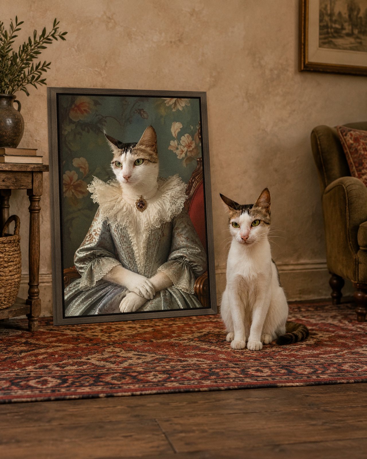 Baroque Lady portrait on canvas in a brown floating frame in a traditional sitting room, with the cat beside it