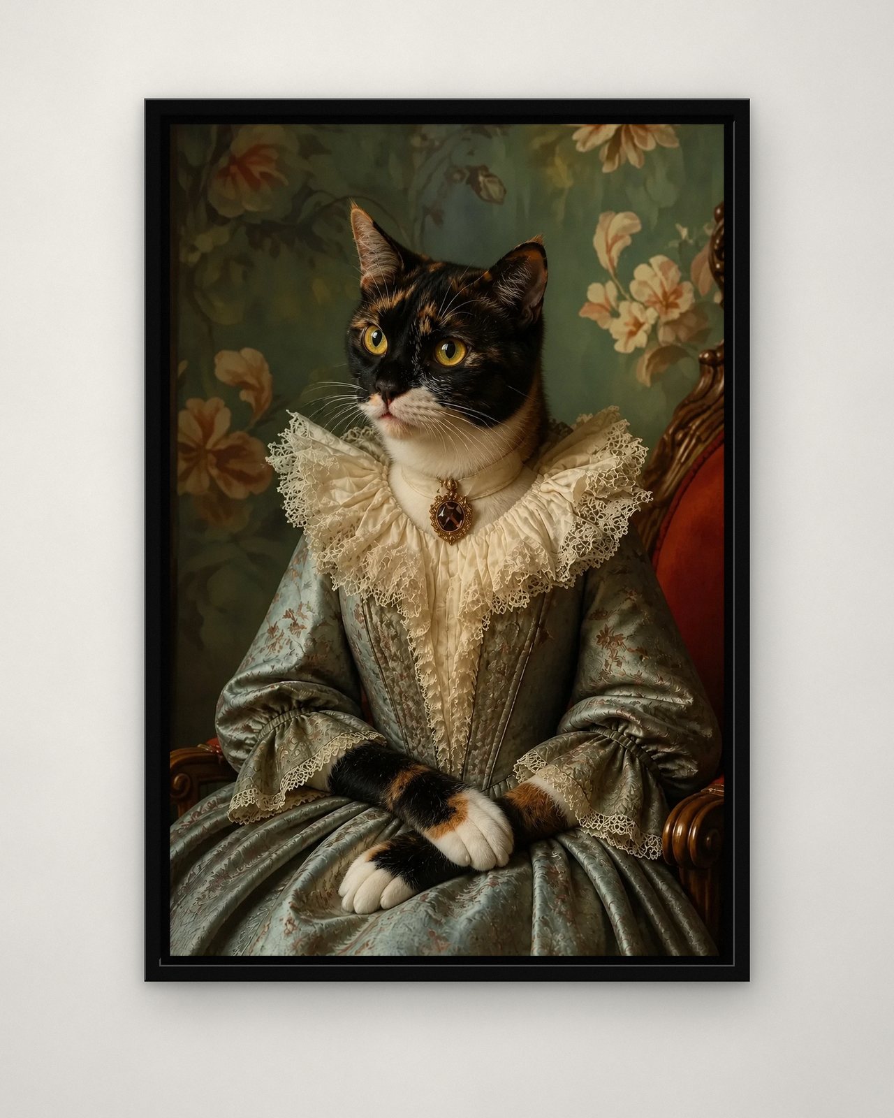 Baroque Lady portrait on canvas in a black floating frame on a plain wall