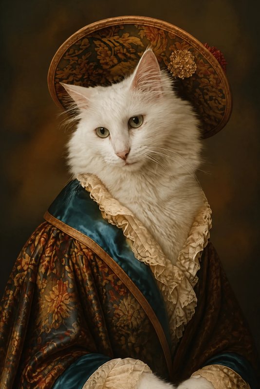 The Baroque Duchess look made with a fluffy white cat