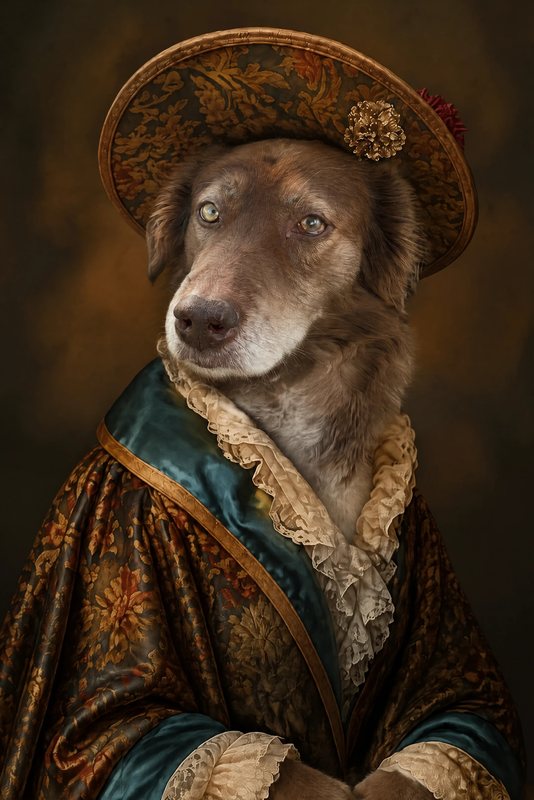 The Baroque Duchess look made with a chocolate shepherd-collie mix