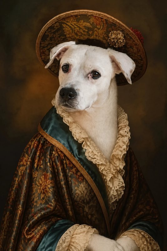 The Baroque Duchess look made with a white boxer mix
