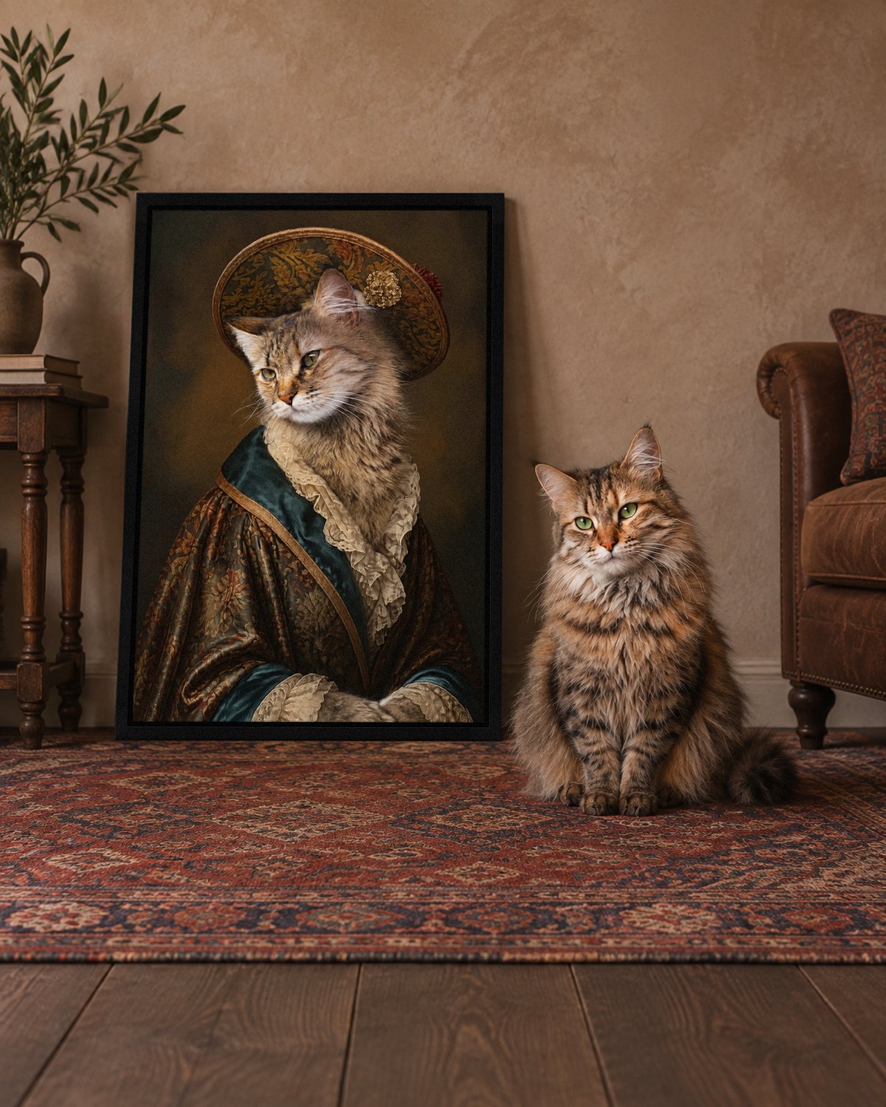 Baroque Duchess portrait on canvas in a black floating frame in a traditional sitting room, with the cat beside it