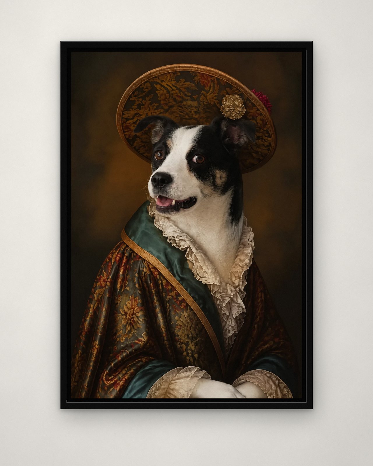 Baroque Duchess portrait on canvas in a black floating frame on a plain wall