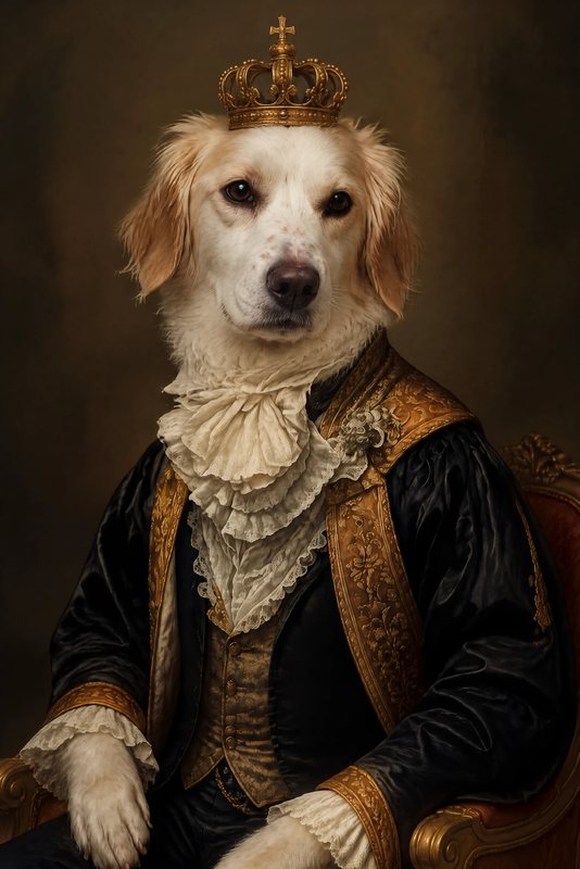 The Baroque Nobleman look made with a white-and-orange spaniel mix