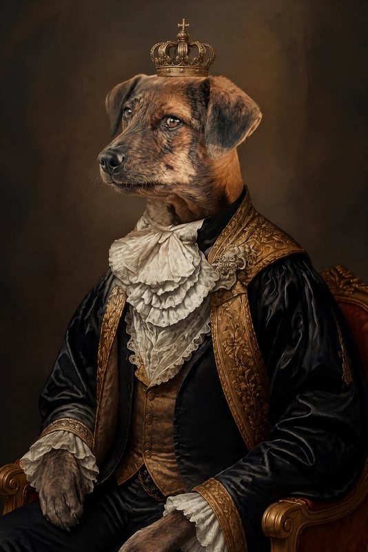 The Baroque Nobleman look made with a brindle mixed-breed dog