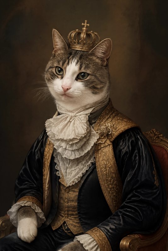 The Baroque Nobleman look made with a tabby-and-white cat
