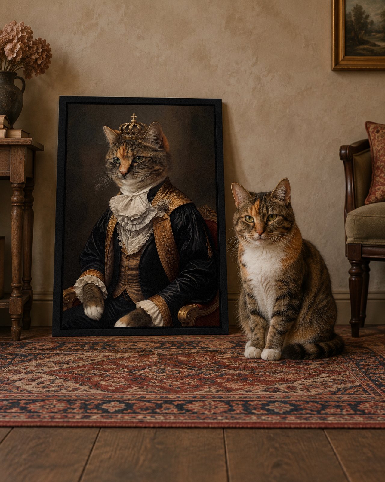 Baroque Nobleman portrait on canvas in a black floating frame in a traditional sitting room, with the cat beside it