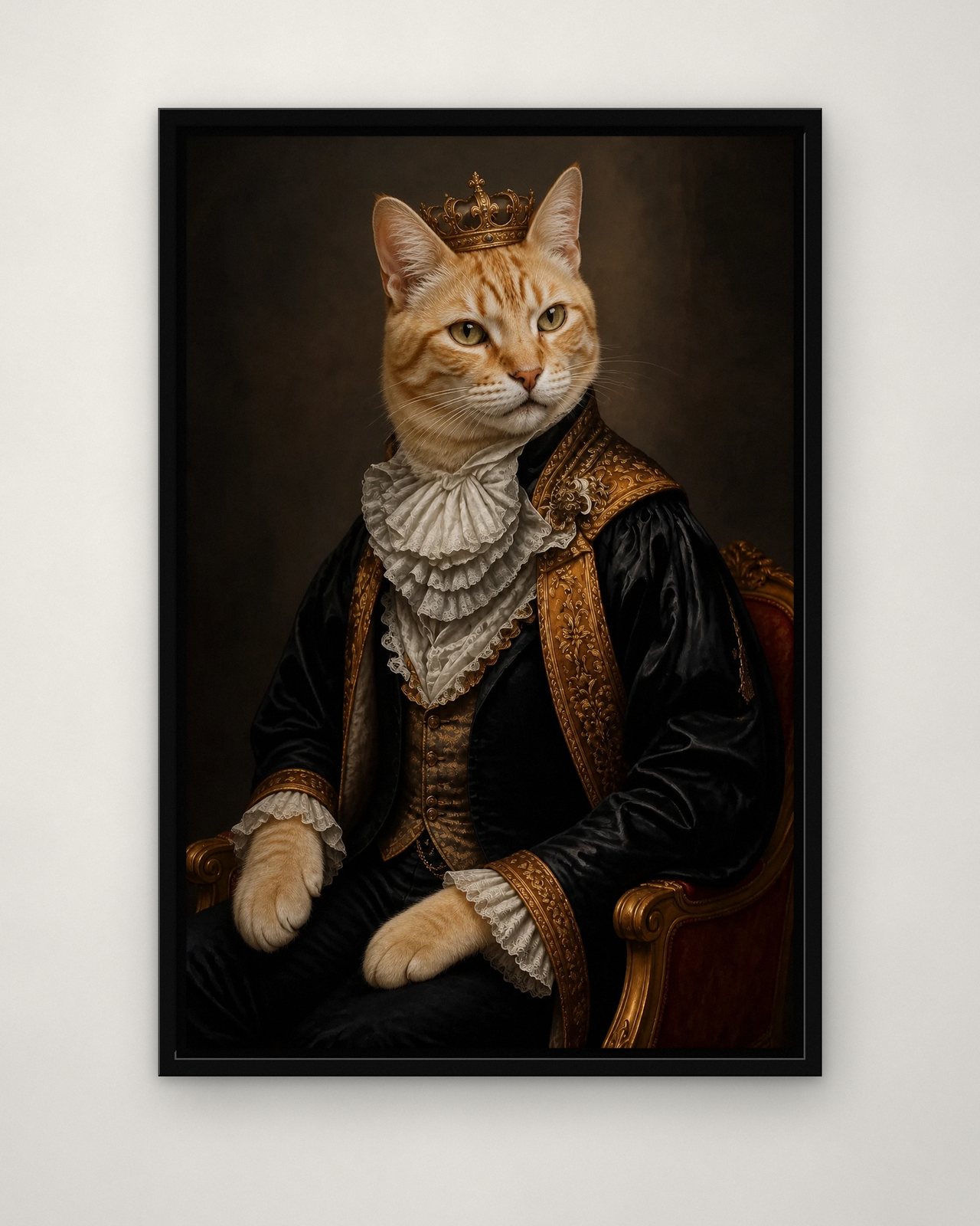 Baroque Nobleman portrait on canvas in a black floating frame on a plain wall