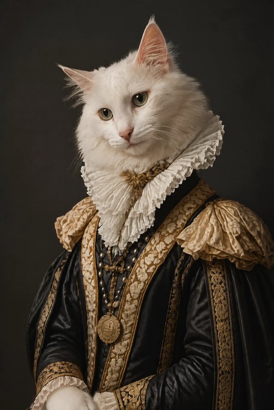 The Renaissance Duke look made with a fluffy white cat
